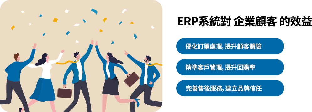 ERP系統對 企業顧客 的效益 ERP系統優化訂單與售後流程,提升服務效率;精準管理客戶資料,強化關係與回購率,增進顧客滿意與品牌信任。